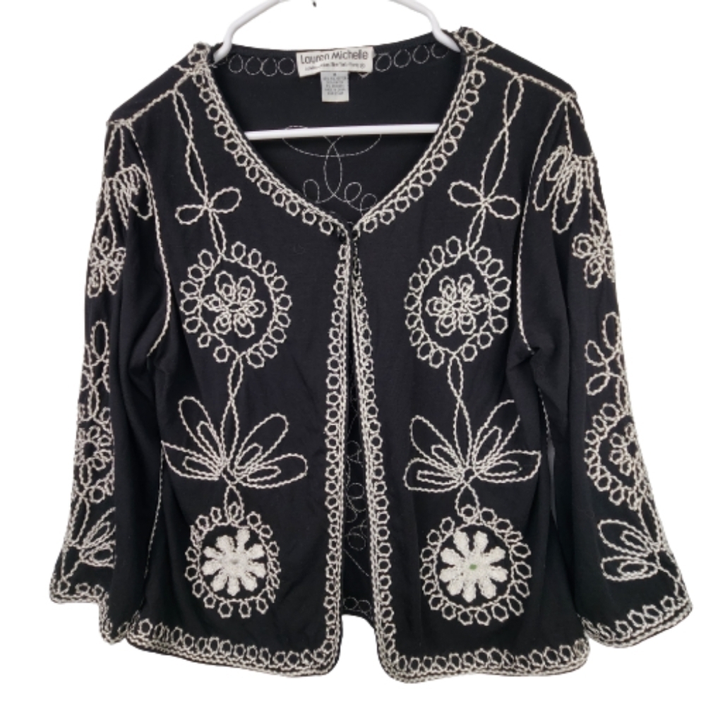 Lauren Michelle Black And White Embroidered Cardigan Size Medium